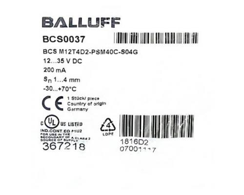 BALLUFF BCS0037 Kapazitiver Sensor zur Objekterkennung BCS M12T4D2 - Bild 2