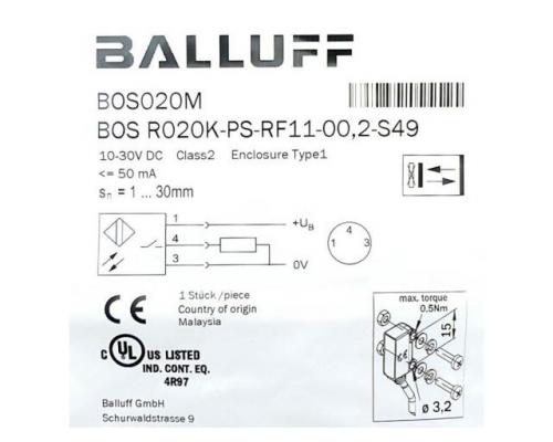 BALLUFF BOS R020K-PS-RF11-00,2-S49 Lichttaster mit Hintergrundausblendung BOS020M BOS - Bild 2
