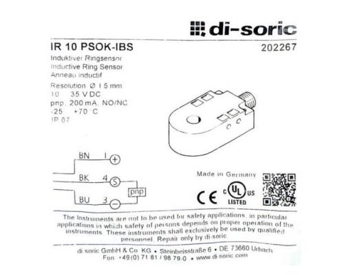 di-soric 202267 Induktiver Ringsensor IR 10 PSOK-IBS 202267 - Bild 2