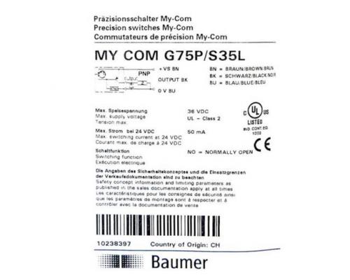 Baumer G75P/S35L MY COM Präzisionsschalter G75P/S35L - Bild 2