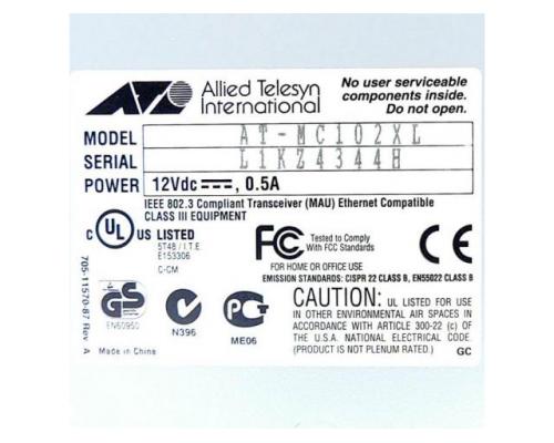 Allied Telesis AT-MC102XL Transceiver AT-MC102XL - Bild 2
