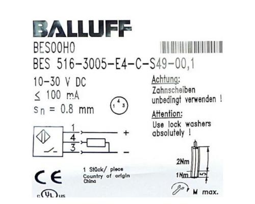 BALLUFF BES00H0 Induktiver Standardsensor BES 516-3005-E4-C-S49-00 - Bild 2