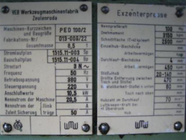 WMW-ZEULENRODA Doppelständerexzenterpresse PED 100/II - 6