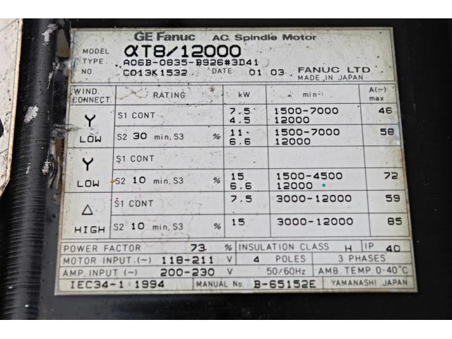 FANUC Servomotor αT8/12000 A06B-0835-B926#3D41 - 2
